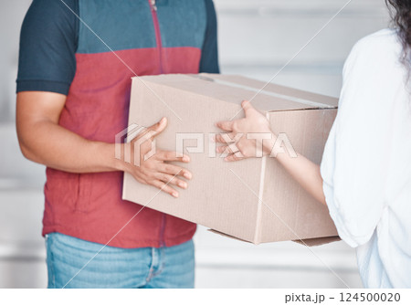 Delivery box, courier service and people hands for commerce, distribution and supply chain industry worker. Logistics, stock and man giving cardboard package woman customer for commercial export job Delivery box, courier service and people hands for commerce, distribution and supply chain industry worker. Logistics, stock and man giving cardboard package woman customer for commercial export job 124500020