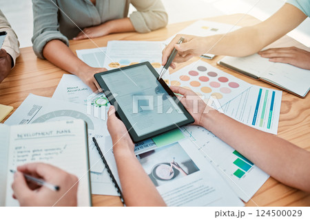 Tablet, hands and marketing team with paper for meeting, brainstorming or planning for startup company, finances and analyze sales. Digital device, teamwork charts and strategy or business innovation 124500029