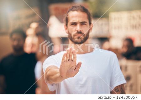 Stop, protest and gen z man hand with people in street for freedom or human rights. Justice, community and group of people in a city for black lives matter, gender equality in Iran and social change Stop, protest and gen z man hand with people in street for freedom or human rights. Justice, community and group of people in a city for black lives matter, gender equality in Iran and social change 124500057