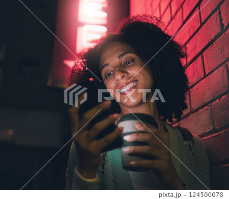 Happy woman, phone and coffee in city at night by building neon lights, social media and online web location search. Young girl smile, mobile communication and 5g tech streaming on smartphone in town Happy woman, phone and coffee in city at night by building neon lights, social media and online web location search. Young girl smile, mobile communication and 5g tech streaming on smartphone in town 124500078