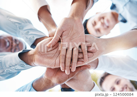 Team building, diversity or hands in circle for teamwork, motivation or success, mission goals or company about us. Zoom of business people hand for support, trust or global community collaboration 124500084