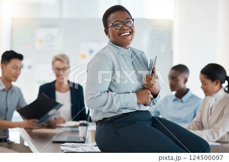 Leader, ceo and manager happy with team development, planning and leadership in a marketing and advertising office. Portrait of a black woman smile in business meeting with work group in training 124500097