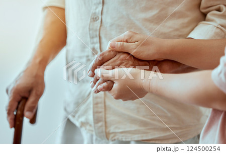 Senior, child and hands holding together to show family love, trust and support to help grandparent. Elderly man with a helping young kid showing kindness, community and hope for retirement 124500254