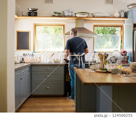 Cooking, breakfast and man in the kitchen of a house for healthy food, diet and lunch. Back of a mature and hungry chef in retirement with dinner, baking or easy meal in a home in the morning Cooking, breakfast and man in the kitchen of a house for healthy food, diet and lunch. Back of a mature and hungry chef in retirement with dinner, baking or easy meal in a home in the morning 124500255