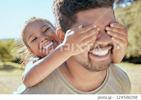 Playing hide and seek, girl and father outdoor together with family love and care in nature. Happy dad and young child having fun quality time in a park with happiness smile bonding and counting 124500298