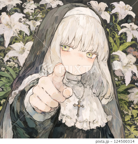 白い花とシスターの女の子 124500314