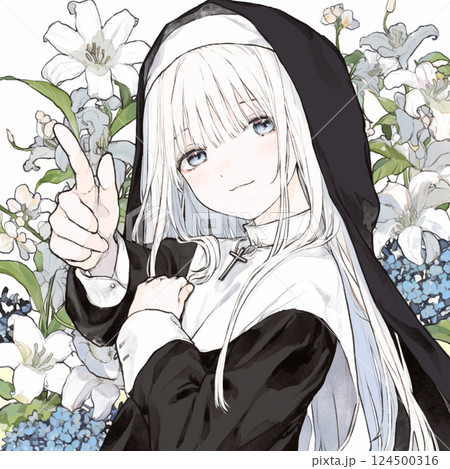 白い花と白髮のシスターの女の子 124500316