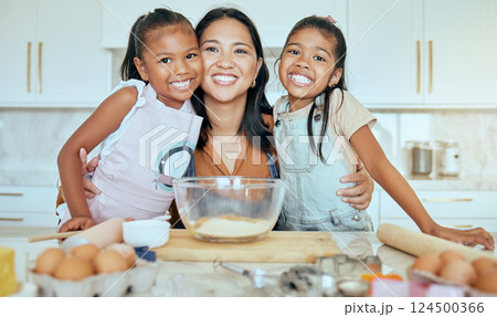 Baking, mother and children in kitchen, happy and smile together, bonding and child development. Portrait, mama and girls learn skills, loving and child care for fun, joyful and daughter at home. 124500366