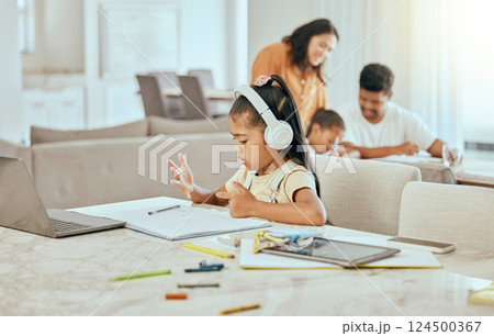 Child, hand and counting at desk with book for math, homework or education in home with family. Girl, laptop and fingers with headphones, computer or notebook for development in homeschool at table Child, hand and counting at desk with book for math, homework or education in home with family. Girl, laptop and fingers with headphones, computer or notebook for development in homeschool at table 124500367