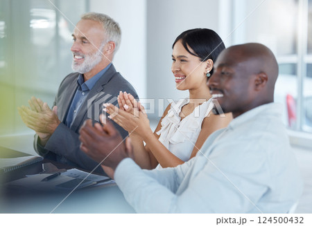 Business, presentation and success celebration of a corporate team clapping in a meeting. Business meeting, teamwork and target goal completion of a working office group support with diversity Business, presentation and success celebration of a corporate team clapping in a meeting. Business meeting, teamwork and target goal completion of a working office group support with diversity 124500432