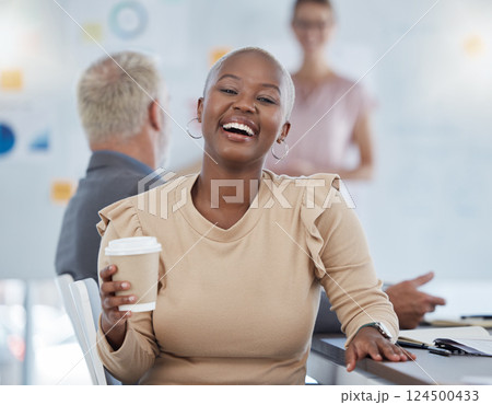 Black woman, coffee and laughing office employee in a team meeting feeling happy about work. Portrait of a working bald worker from New York feeling happiness hearing a funny joke at advertising job 124500433