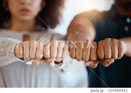 Hands, black people and fist for teamwork, support or solidarity for common goals, mission or target. Trust, unity or business people fist bump for collaboration, team building or motivation together 124500441