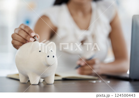 Business woman, hands or piggy bank for accounting, savings or investment for company budget, startup finance or capital money. Zoom, financial worker or deposit container for cash or coins in office 124500443