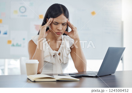 Headache, stress and burnout with a business woman at work on a laptop at a desk in her office. Computer, compliance and mental health with a female employee suffering from a migraine while working Headache, stress and burnout with a business woman at work on a laptop at a desk in her office. Computer, compliance and mental health with a female employee suffering from a migraine while working 124500452