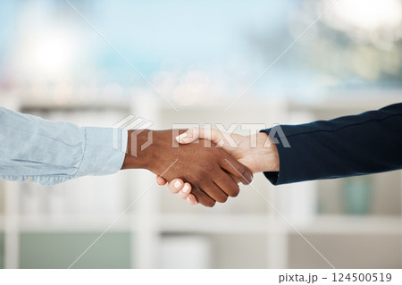 Handshake, deal and teamwork with business people in partnership to welcome, in agreement or hiring staff while shaking hands. Thank you, recruitment and b2b with an employee and colleague in unity 124500519