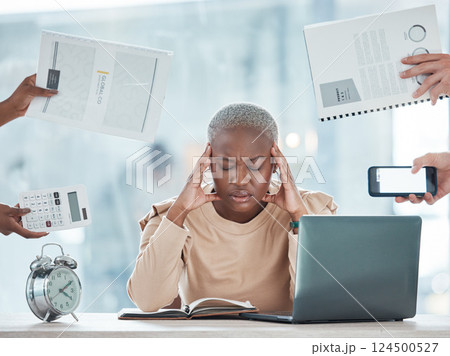 Office, stress or headache of black woman with hands holding documents, calculator or phone. Burnout, fatigue and frustrated finance marketing girl in panic for deadline demand of people. Office, stress or headache of black woman with hands holding documents, calculator or phone. Burnout, fatigue and frustrated finance marketing girl in panic for deadline demand of people. 124500527