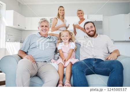 Relax, smile and portrait of happy big family sitting on sofa in the living room of their home. Happiness, grandparents and parents with girl child from Canada resting and bonding with love in lounge Relax, smile and portrait of happy big family sitting on sofa in the living room of their home. Happiness, grandparents and parents with girl child from Canada resting and bonding with love in lounge 124500537
