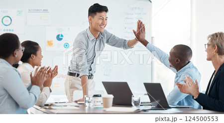 High five, motivation and success with a team in a meeting for planning, strategy and training together. Support, teamwork and partnership with an employee group in celebration in the boardroom 124500553