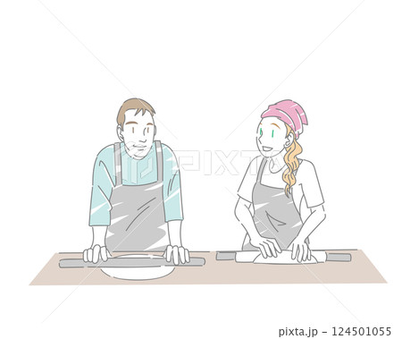 蕎麦打ち体験教室を楽しむ外国人カップル 124501055