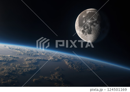 宇宙空間から見た地球と月 AI生成画像 宇宙空間から見た地球と月 AI生成画像 124501169