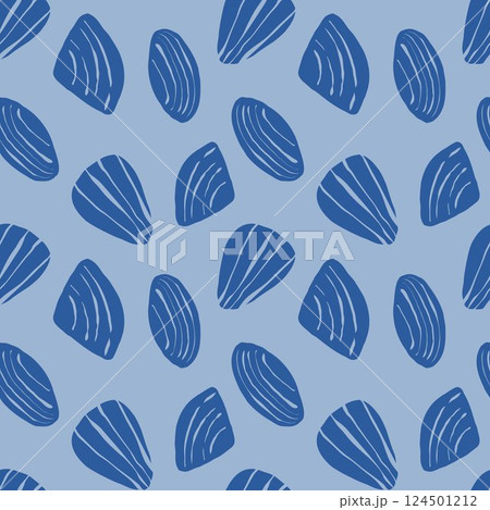Hand drawn sea shells scallops blue seamless pattern in doodle sketchy style on blue background. Line art sea shell vector background 124501212