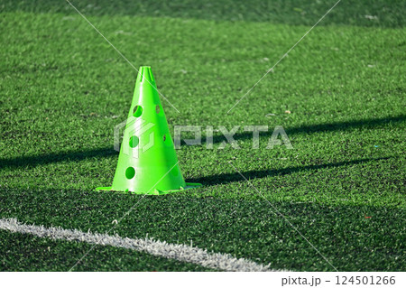 artificial grass soccer field with green training cone artificial grass soccer field with green training cone 124501266