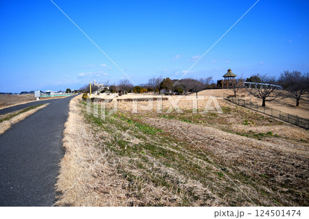 利根川とスーパー堤防と、真っ青な冬空 124501474