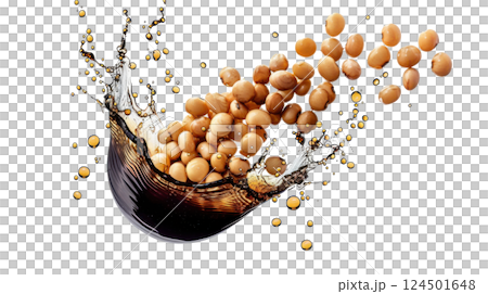 Dynamic Soy Sauce Splash with Floating Beans 124501648