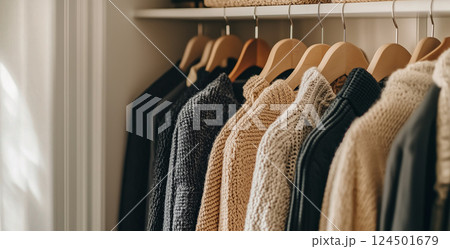 おしゃれなクローゼット収納 – ウッドハンガーとニットの整然とした並び おしゃれなクローゼット収納 – ウッドハンガーとニットの整然とした並び 124501679