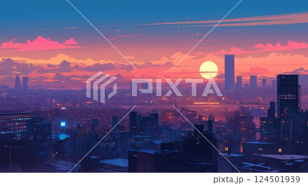 レトロな色彩の都会の夕暮れ、ネオン輝く夜景風景イラスト素材 124501939