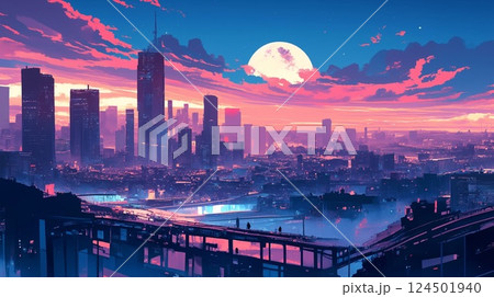 ノスタルジックな都会の夜景と満月、シティポップ調の都市背景イラスト 124501940