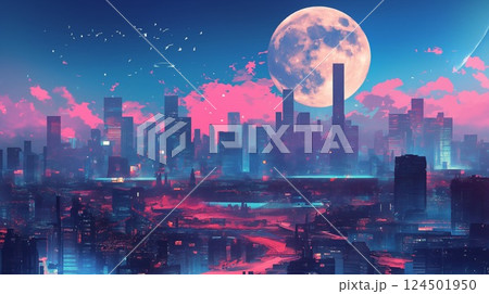 レトロポップな都市風景・幻想的な夕暮れの街並み素材 124501950