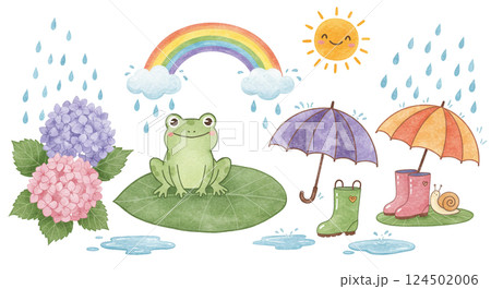 梅雨の雨と傘やカエル、梅雨のイラスト 124502006