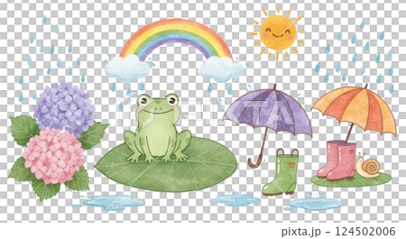 梅雨の雨と傘やカエル、梅雨のイラスト 124502006