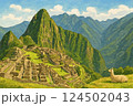 南米ペルーの空中都市マチュピチュとアルパカ 124502043