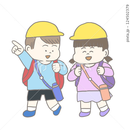 遠足や校外学習に出かける子どもたちのイラスト 遠足や校外学習に出かける子どもたちのイラスト 124502379