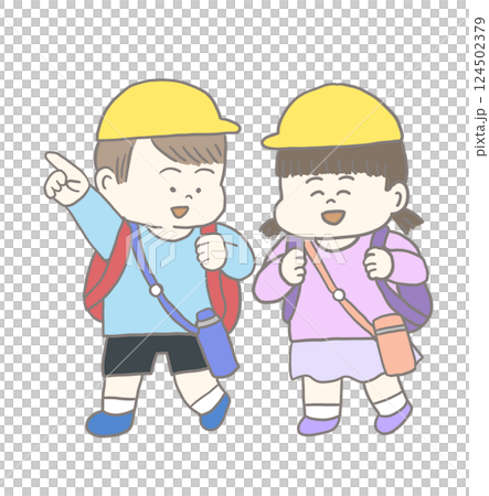 遠足や校外学習に出かける子どもたちのイラスト 遠足や校外学習に出かける子どもたちのイラスト 124502379
