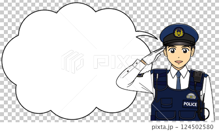 敬礼する防刃ベストを着た白ワイシャツの男性警察官（制帽・雲形ふきだし付き） 124502580