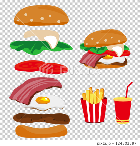 Bacon and egg burger combination set 124502597