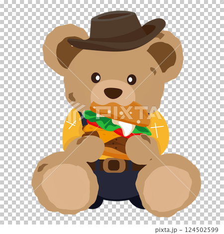 ハンバーガーを食べるクマのぬいぐるみのイラスト ハンバーガーを食べるクマのぬいぐるみのイラスト 124502599
