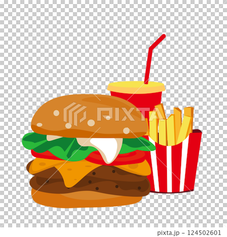 漢堡、薯條和果汁插圖 124502601