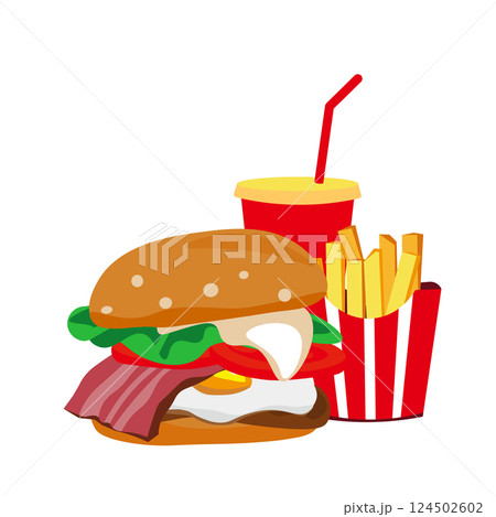 ベーコンエッグバーガーとポテトとジュースのイラスト ベーコンエッグバーガーとポテトとジュースのイラスト 124502602