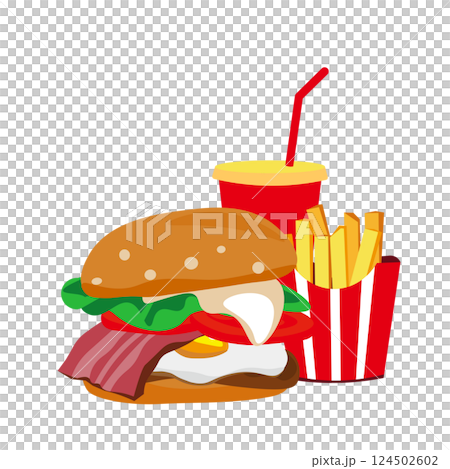 ベーコンエッグバーガーとポテトとジュースのイラスト ベーコンエッグバーガーとポテトとジュースのイラスト 124502602