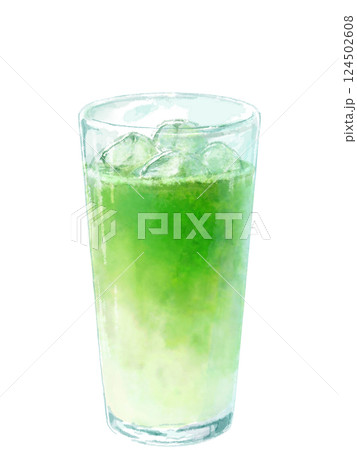 グラスに入ったアイス抹茶ラテの水彩イラスト 124502608