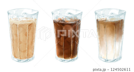 アイスラテ・アイスコーヒー・アイスカフェオレの水彩イラストセット 124502611