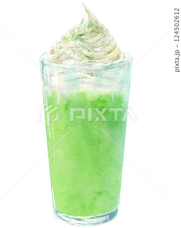 バニラソフトがのった抹茶フロートの水彩イラスト バニラソフトがのった抹茶フロートの水彩イラスト 124502612