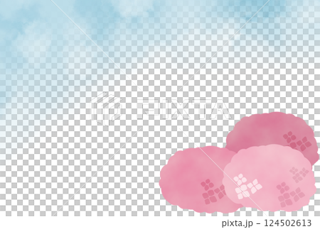 爽やかな青空とピンクの紫陽花のフレーム 124502613
