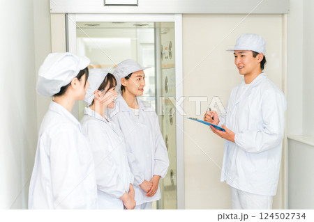 エアーシャワー・クリーンルームのある工場で働く作業員(点呼・確認) 124502734