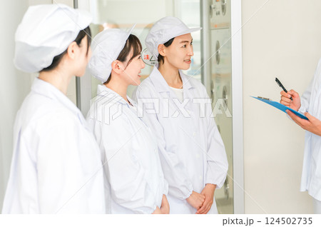 エアーシャワー・クリーンルームのある工場で働く作業員(点呼・確認) 124502735