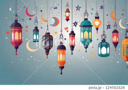 Modern flat design illustration for Ramadan Kareem with hanging lanterns, a crescent moon, stars, and mosque silhouette in a cool teal. 124502826